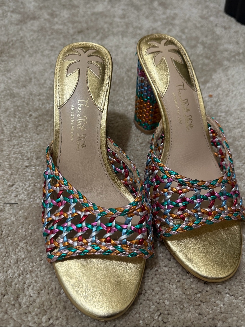 ANTONIO MELANI Gold Braided Multi-Color Block Heel Sandals